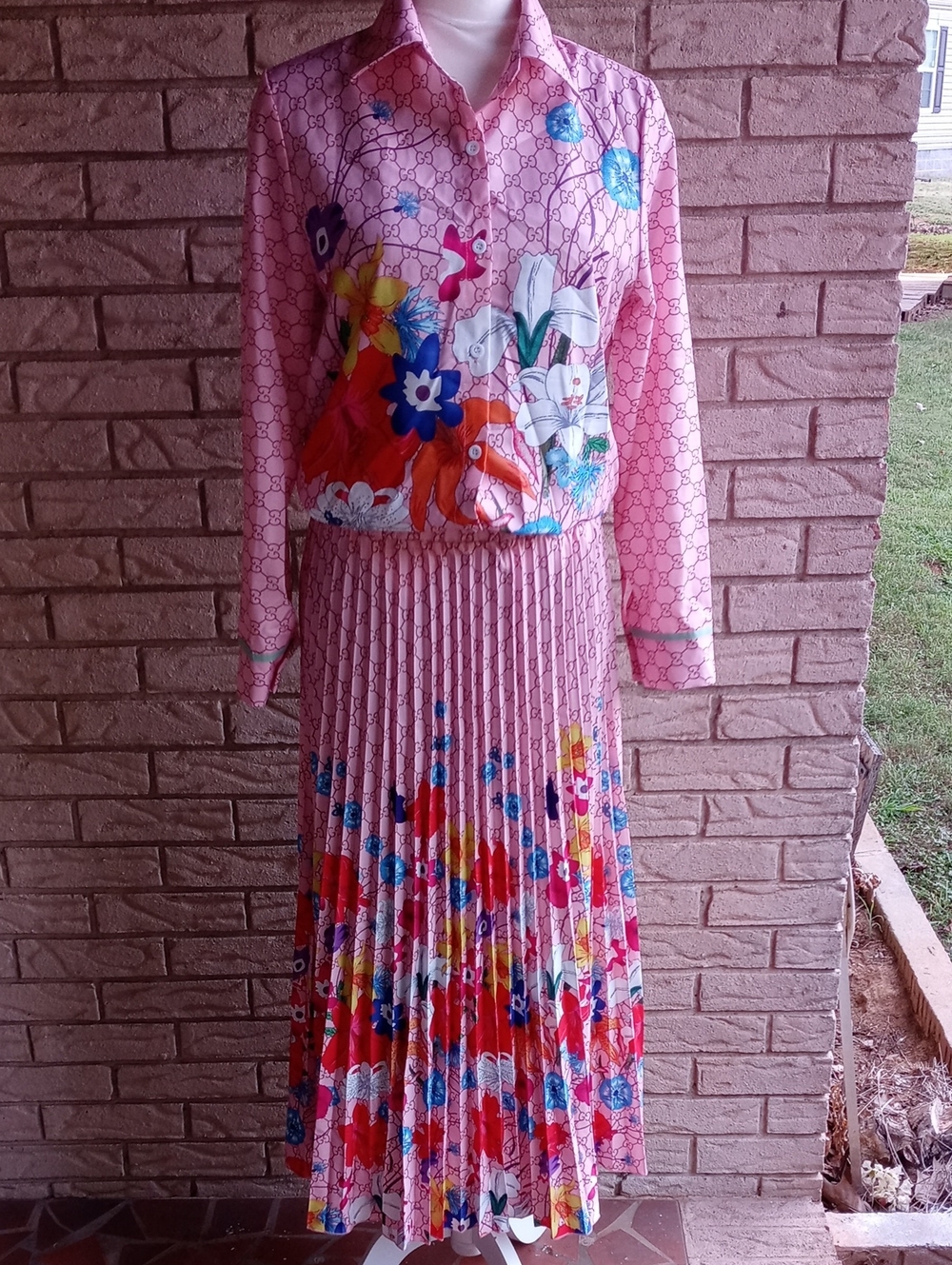 GG Designer Inspired Pink Floral Pleated Maxi Skirt - Women's & Button Up Shirt